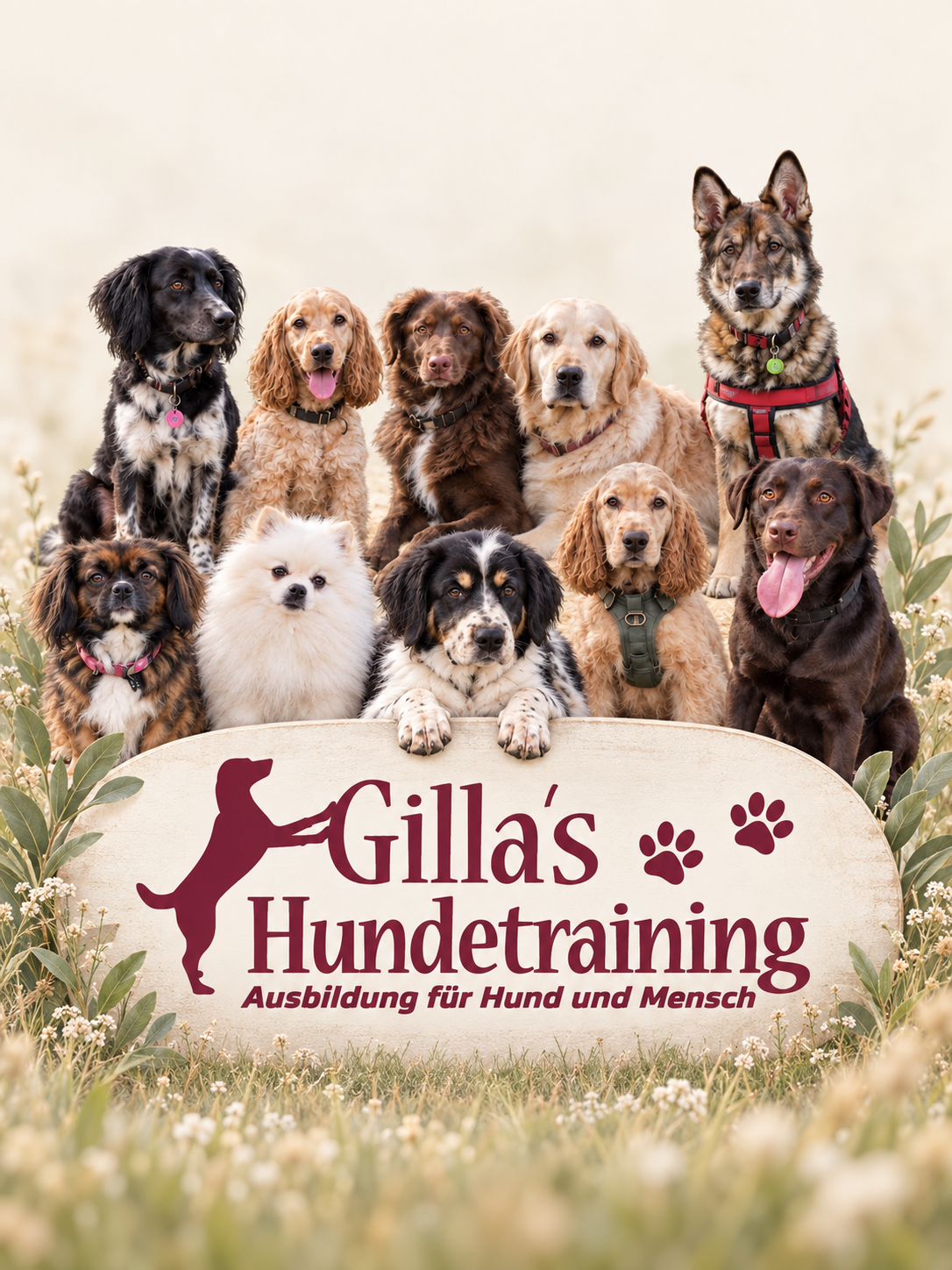 Zehn Hunde mit dem Logo Gilla’s Hundetraining – Ausbildung für Hund und Mensch